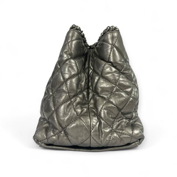 CHANEL Chain Me Tote Silver Metallic Leather CC Quilted Tote Shoulder Bag Pewter - Picture 6 of 11